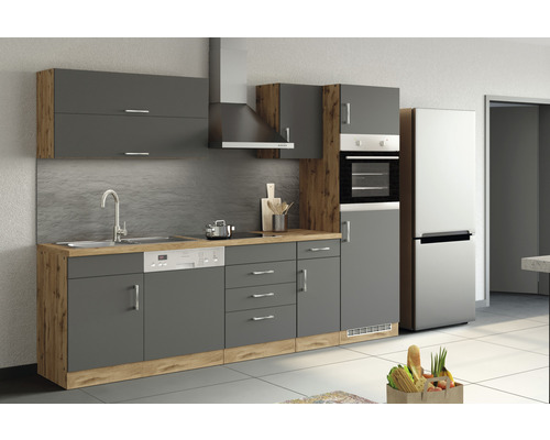 Cuisine complète avec évier, lave-vaisselle, cuisinière, four, hotte aspirante et réfrigérateur au design moderne