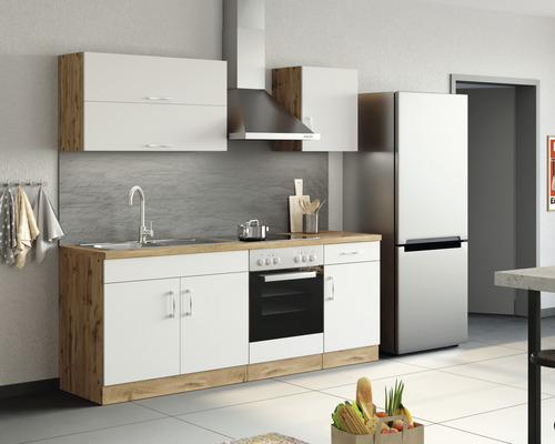 Einbauküche mit Spüle, Herd, Dunstabzugshaube und Kühlschrank