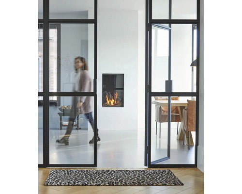 Pièce lumineuse avec système de porte en verre noire, cheminée et tapis à motif animalier