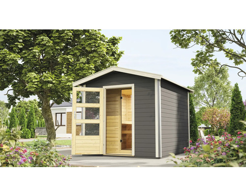 Chalet sauna Karibu Nosse 1 avec poêle bio 9 kW et commande externe avec vestibule et porte en bois avec verre transparent gris terre cuite/blanc