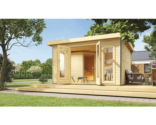 Chalet sauna Karibu Sainburga 3 Set A avec poêle 9 kW et commande externe avec vestibule, fenêtre et porte en bois avec verre transparent