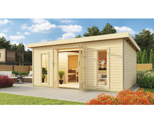 Chalet sauna Karibu Sainburga 4 Set B avec poêle 9 kW et commande externe avec vestibule, fenêtre et porte en bois avec verre transparent