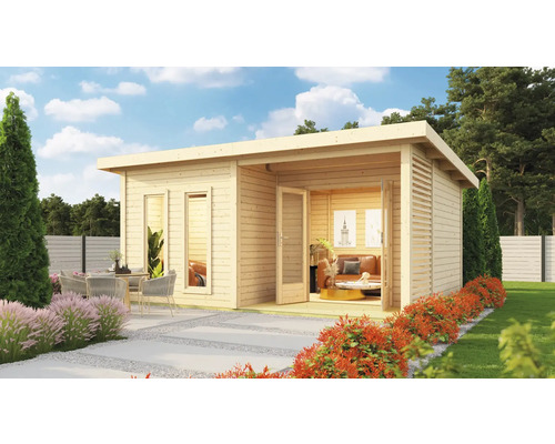 Chalet sauna Karibu Sainburga 5 Set B avec poêle 9 kW et commande externe avec vestibule, fenêtre et porte en bois avec verre transparent