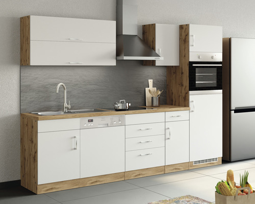 Cuisine complète avec évier, lave-vaisselle, cuisinière, four, hotte aspirante et réfrigérateur.