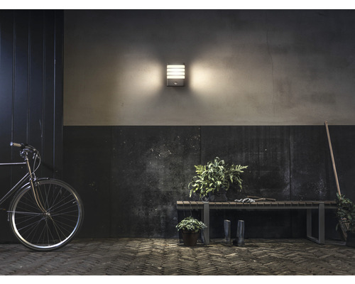 Szene mit Außenwandleuchte, Bank, Fahrrad und Pflanzen