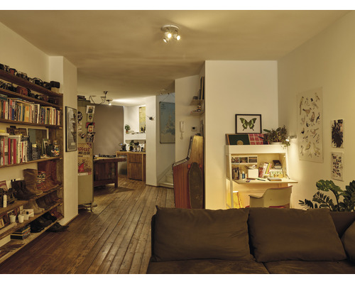 Wohnzimmer mit Bücherregal, Schreibtisch und Deckenleuchte