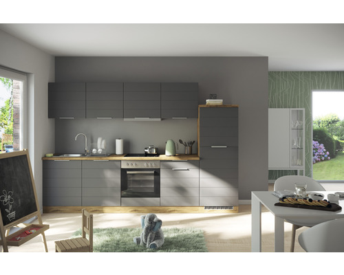 Moderne graue Küche mit Holzdetails, Spüle, Herd und Esstisch