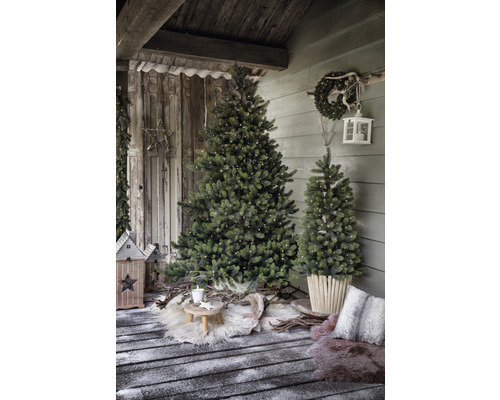 Dekorierter Weihnachtsbaum mit Lichtern in rustikaler Umgebung