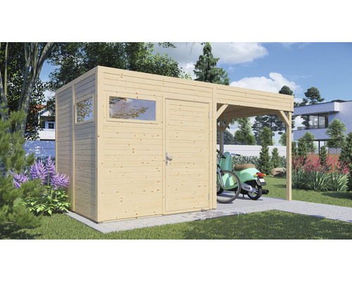 Abri de jardin Bertilo Cubo 2 avec extension de toit et plancher 449 x 240 cm naturel