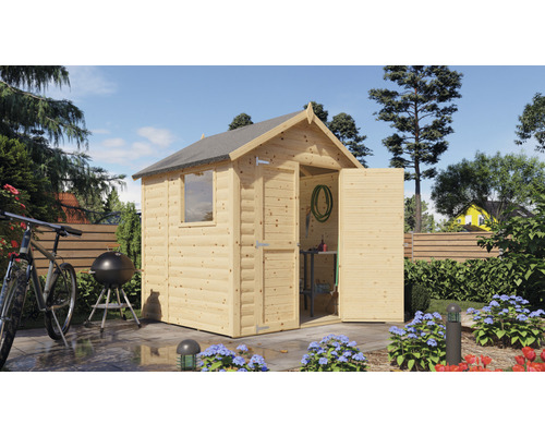 Holzgartenhaus mit geöffneten Türen, Fenster und Geräten
