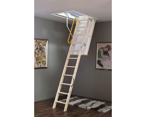 Escalier de grenier en bois déplié dans la pièce.