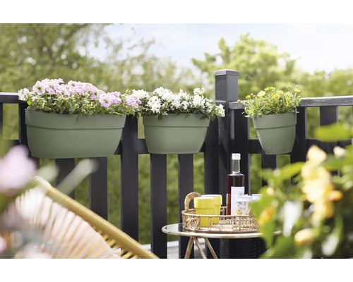 Balkonszene mit bepflanzten Blumenkästen und Tisch