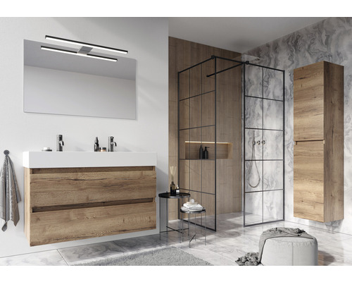 Salle de bain moderne avec lavabo, armoire de toilette, cabine de douche et armoire haute aspect bois