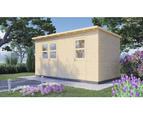 Holzgartenhaus mit Fenster und Tür im Garten