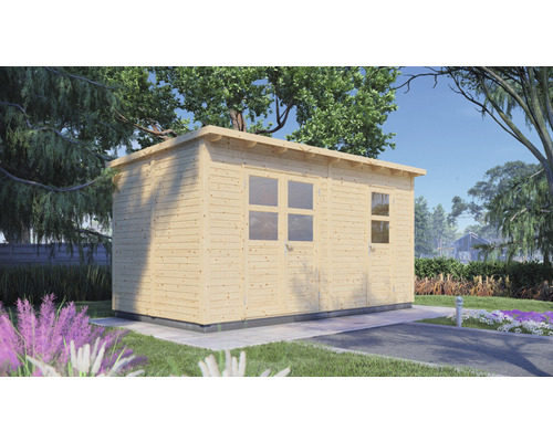 Gartenhaus aus Holz mit Fenster und Tür im Garten