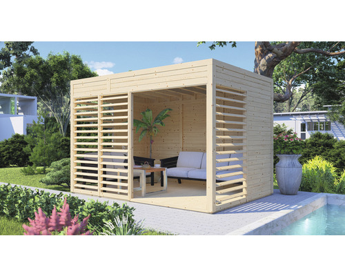 Pavillon Bertilo Unico 2 avec plancher, 337 x 234 cm naturel Pavillon de jardin carré en bois avec murs à lamelles et mobilier de jardin