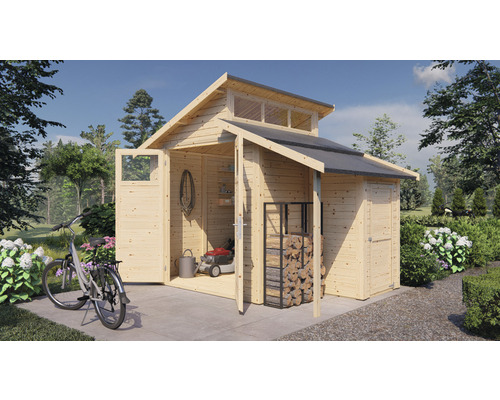 Abri de jardin en bois avec portes ouvertes et vélos devant