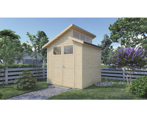 Holzgartenhaus mit Doppeltür und Oberlicht im Garten