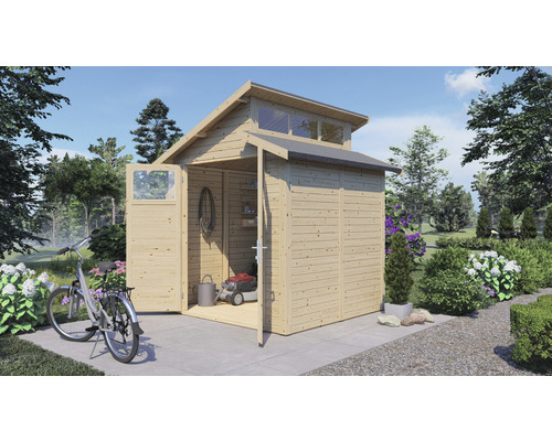 Holzgartenhaus mit geöffneten Türen, Fensterreihe und Fahrrad davor
