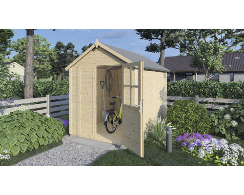 Garten Szene mit Gerätehaus aus Holz mit geöffneter Tür und gelbem Fahrrad