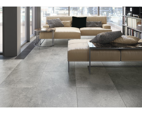 Espace de vie lumineux avec carrelage, canapé et bibliothèque