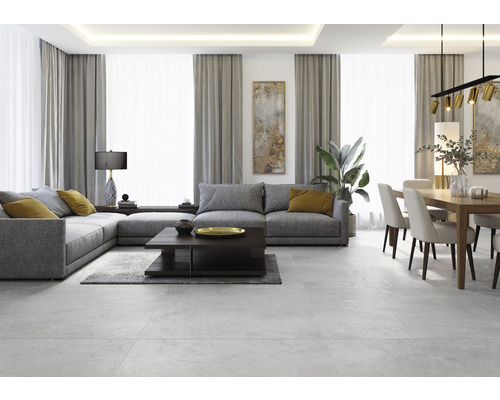 Wohnzimmer mit grauer Eckcouch, Couchtisch, Esstisch und Stühlen