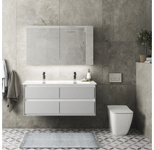 Salle de bain moderne avec meuble sous-vasque, armoire de toilette et WC