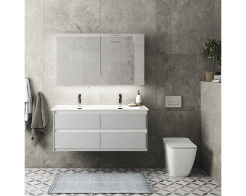 Salle de bain moderne avec meuble sous-vasque, armoire de toilette et WC