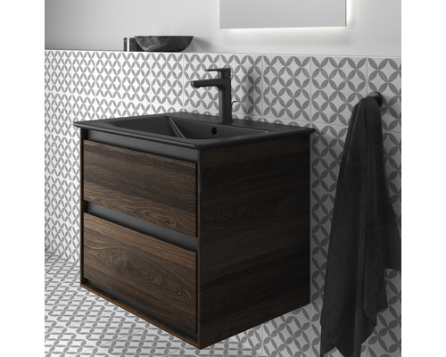 Meuble sous-lavabo avec deux tiroirs, robinetterie et serviette