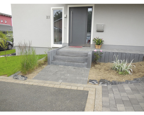 Zone d''entrée d''une maison avec un chemin pavé et un escalier