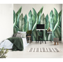 Chambre à coucher avec papier peint photo motif feuilles, lit et bureau