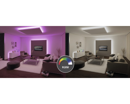 Wohnzimmer mit RGBW Beleuchtung für unterschiedliche Lichtfarben