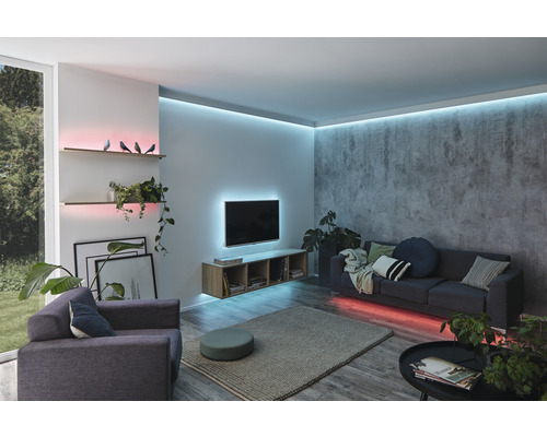 Salon avec canapé, fauteuil, étagères et éclairage indirect