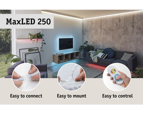 MaxLED 250 LED-Strip im Wohnzimmer mit einfacher Verbindung, Montage und Steuerung per Fernbedienung.