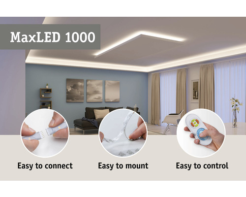 Bandes LED MaxLED 1000 dans le salon avec connexion facile, montage facile et contrôle facile