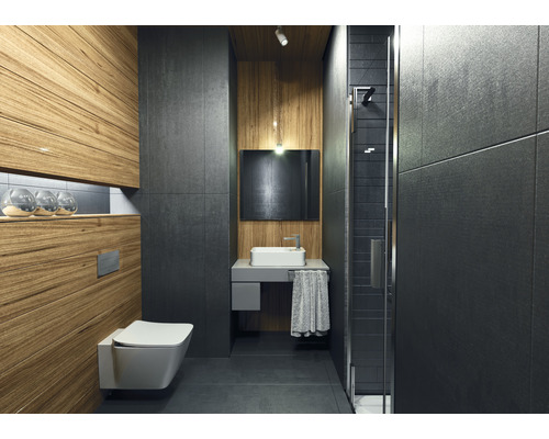 Salle de bain moderne avec toilettes, lavabo et douche