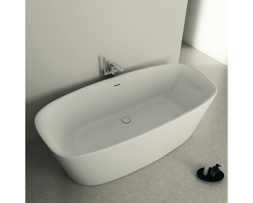 Freistehende Badewanne mit Armatur und Ablage im Badezimmer