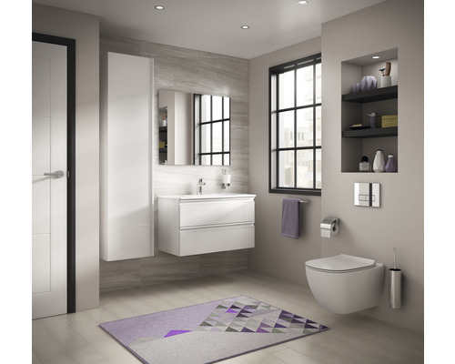 Modernes Badezimmer mit Waschtisch, Spiegelschrank, Toilette und Badteppich