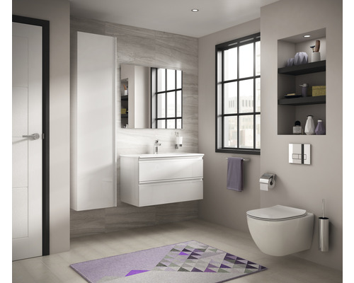 Helles Badezimmer mit Waschbecken, Spiegelschrank, Toilette und Regalen