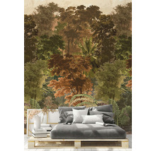 Peinture murale décorative avec motif de forêt derrière un lit palette gris