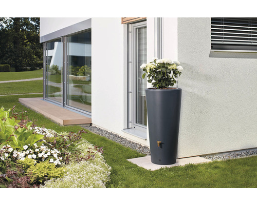 Regentonne in Säulenform mit Pflanzschale und Wasserhahn im Garten