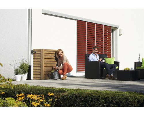 Scène de jardin avec réservoir d''eau, jalousie et groupe de sièges