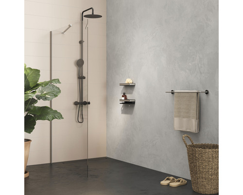 Badezimmer mit Duschsystem, Regalen, Handtuchhalter, Wäschekorb und Zimmerpflanze