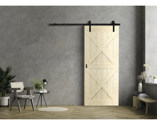 Schiebetür-Komplettset Barn Door Motiv X Fichte 95x210 cm inkl.  Türblatt,Schiebetürbeschlag und Griff-Set - HORNBACH Luxemburg