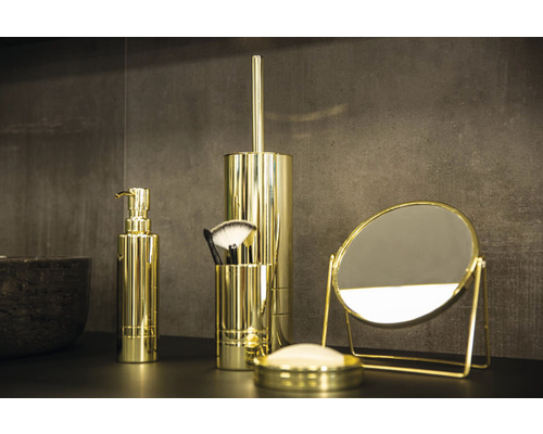 Ensemble d''accessoires de salle de bain dorés avec distributeur de savon, brosse de toilette, pinceaux de maquillage et miroir