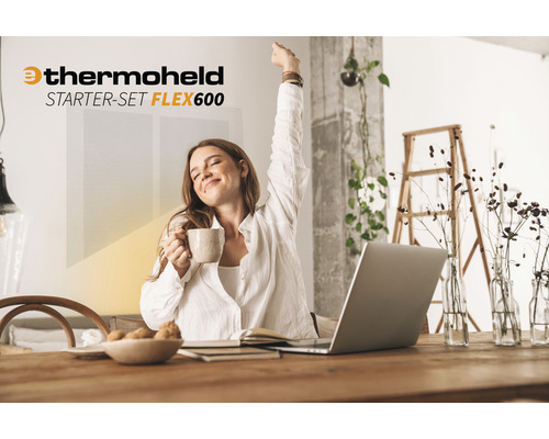 Frau am Schreibtisch mit Thermoheld Starter-Set FLEX600 im Hintergrund