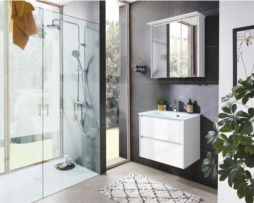 Salle de bain moderne avec douche, lavabo et armoire de toilette