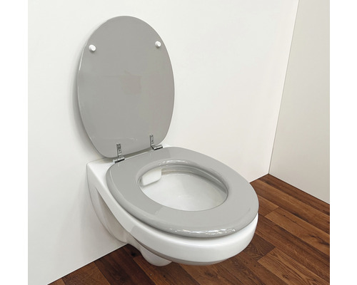 WC suspendu avec siège de toilette gris dans une salle de bains