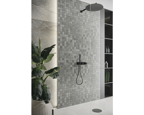 Badezimmer mit Mosaikfliesen, Regendusche und Pflanze im Korb