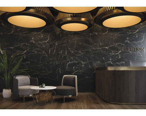 Elegantes Wartezimmer mit Marmorwand, Rezeption und Sitzgelegenheiten